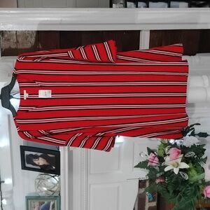 Red dress with black and white stripes